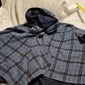 Rain Caper Plaid Hooded Reversable Cape for Women Button Closure One Size Fits M